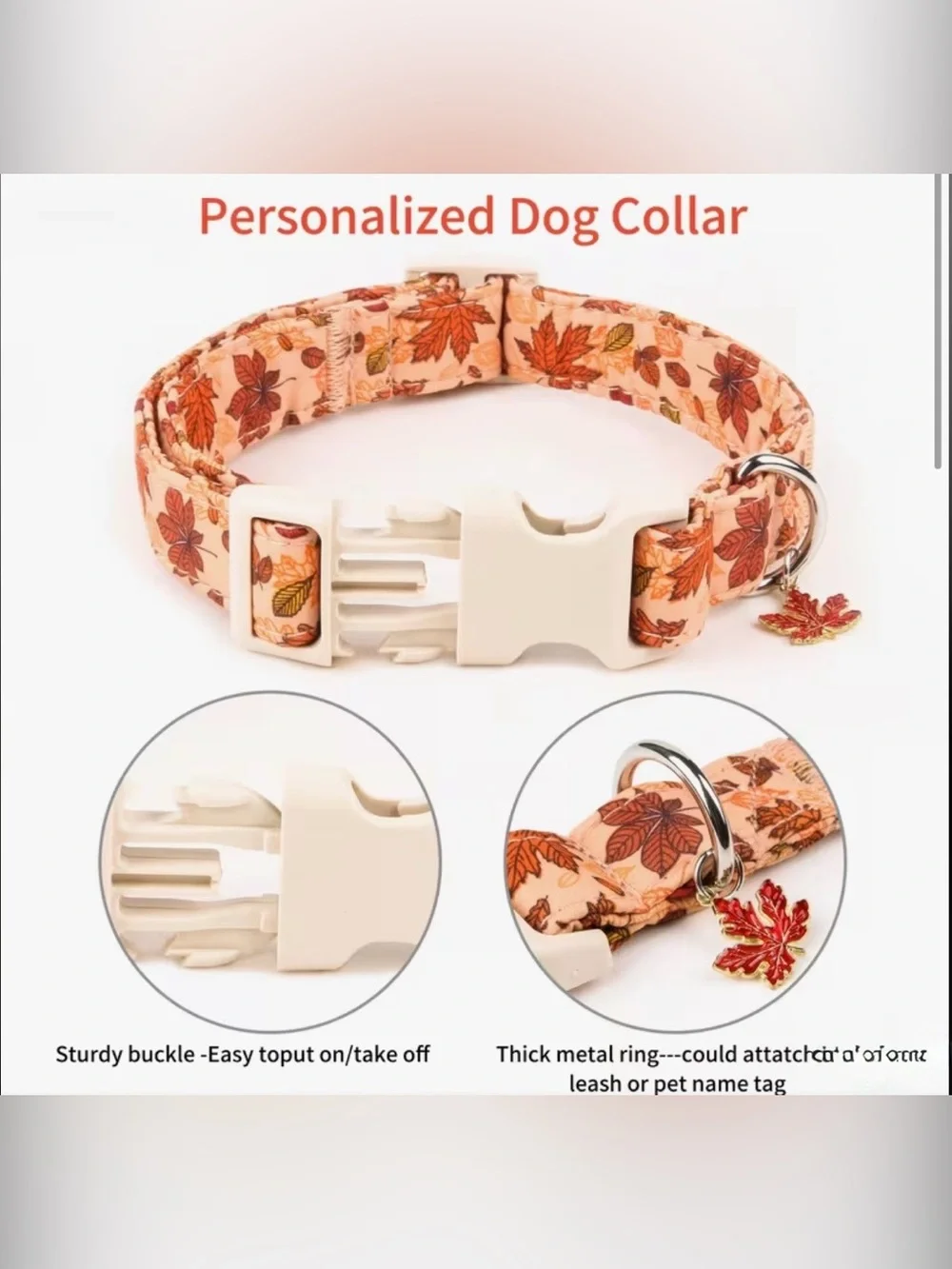 Autumn Leaf Print Dog Collar. Adjustable. Leaf charm. X Small. Last one.